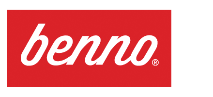 The benno logo on a red background.