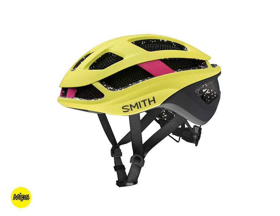 The smith helmet is yellow with pink accents.