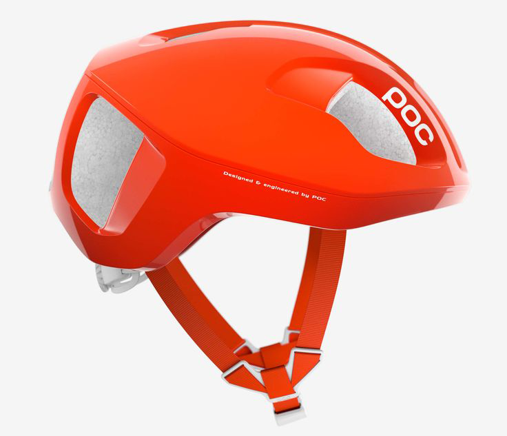 A red helmet with a white strap on it.