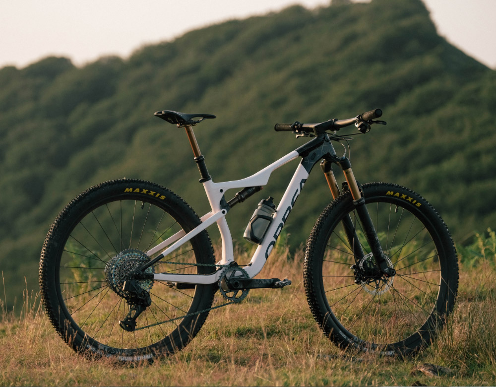 A mountain bike is parked on a grassy hill.