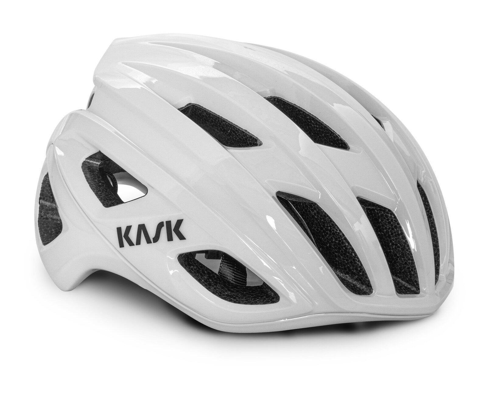 A white bicycle helmet with the word kmk on it.