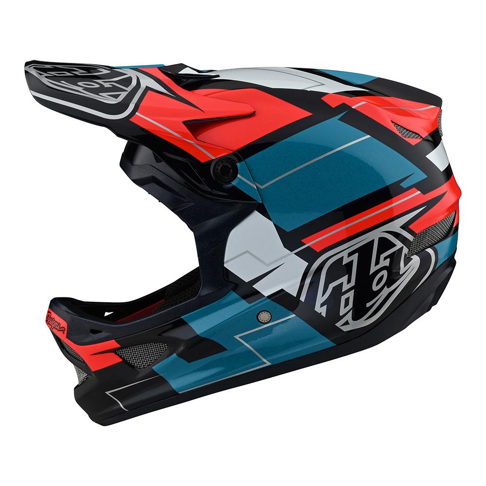 A helmet with a red, blue, and white design.