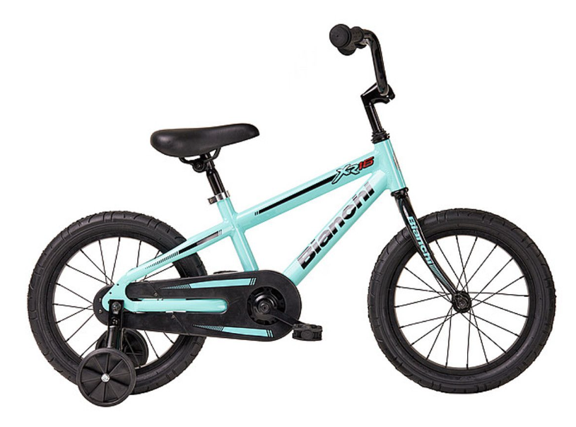 A turquoise bike with black rims on a white background.
