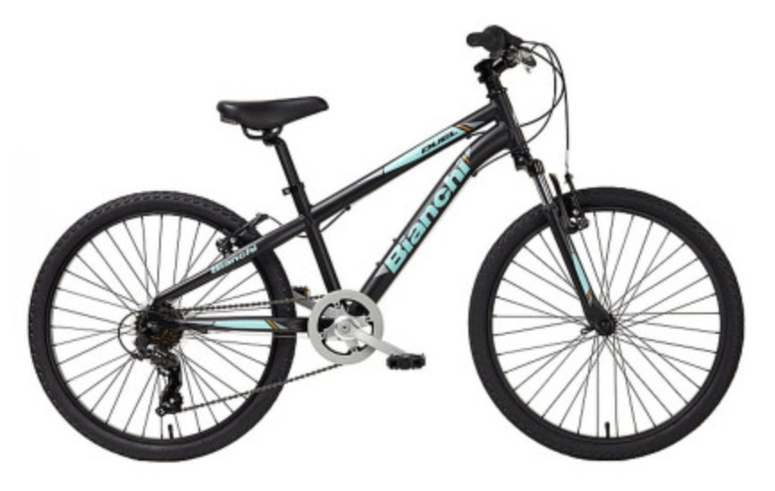 A black and turquoise bike on a white background.