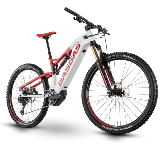 A white and red mountain bike on a white background.