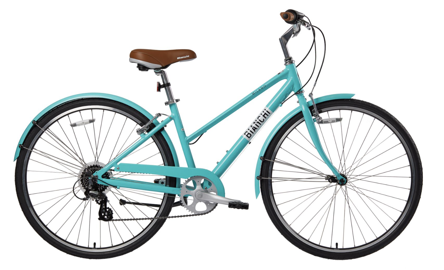A women's bike with a turquoise seat against a white background.