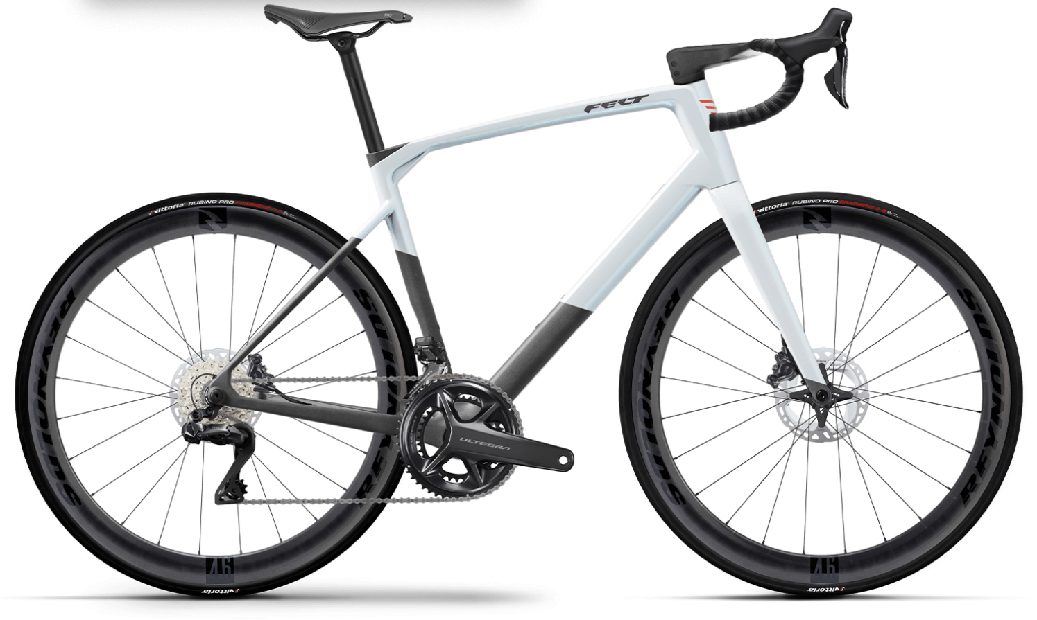 Modern white and black road bike.