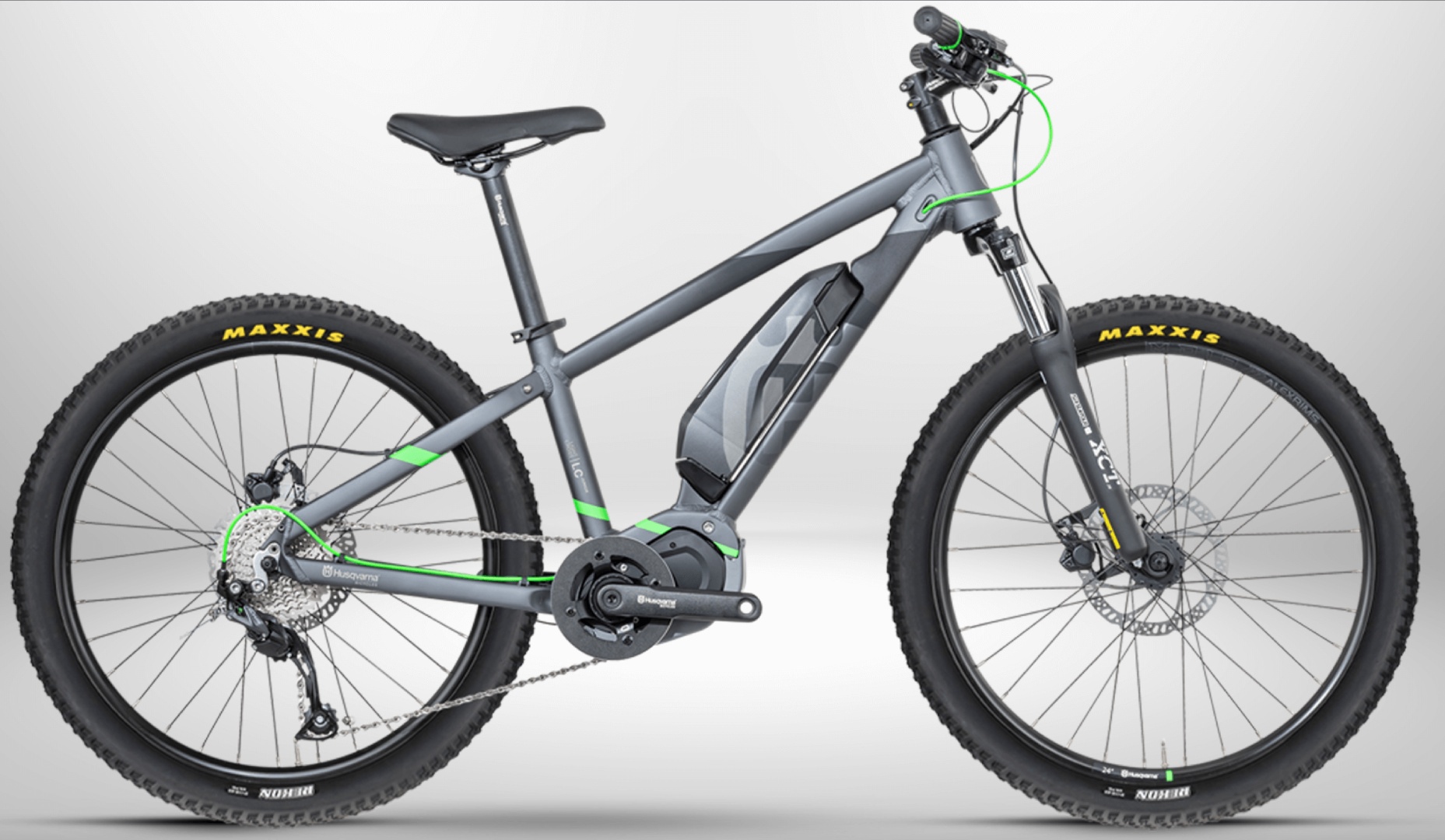 An electric mountain bike is shown against a white background.